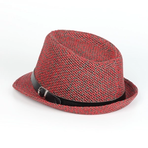Close-up of dual-tone woven straw hat with black leather band and silver metal buckle