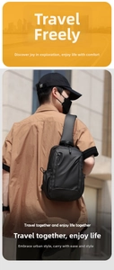 Close-up of matte black water-resistant crossbody bag with wide shoulder strap on model