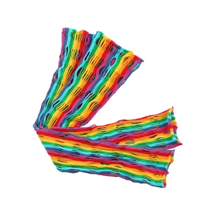 Detailed close-up of rainbow striped fishnet fingerless gloves with elastic mesh fabric