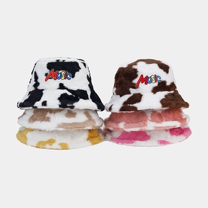 Plush cow print bucket hats in six colors with Music embroidery for winter fashion
