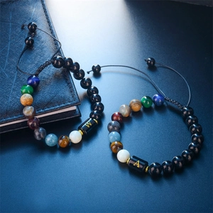 Adjustable natural stone bead bracelets with initial letter charms and black agate stones