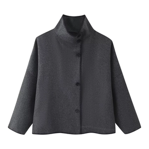 Women high collar dark gray wool jacket with button closure and wide flared sleeves