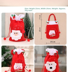 Detailed views of 23x20cm Christmas drawstring gift bags with Santa and Snowman motifs
