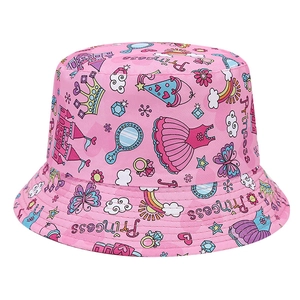 Close-up of pink girls bucket hat featuring princess patterns and detailed stitching