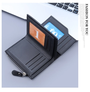 Macro detail of men's short wallet showing multi-card slots and secure metal zipper