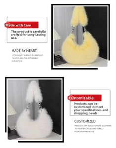 Detail of plush crescent bags in yellow and beige with silver metal chain straps