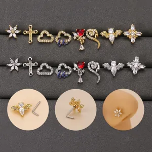 Stainless Steel Nose Stud Rhinestone Flower Cross Snake Bat L-Shaped Nose Piercing Jewelry For Unisex