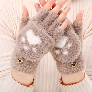 Winter warm plush beige cat paw knitted flip top half finger gloves with heart pattern