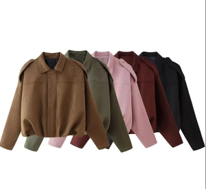 Short bomber jacket for women in five colors with elastic hem and lapel collar