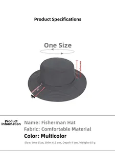 Detail showing dark grey sun hat dimensions with 6.5cm brim and 9cm depth specifications