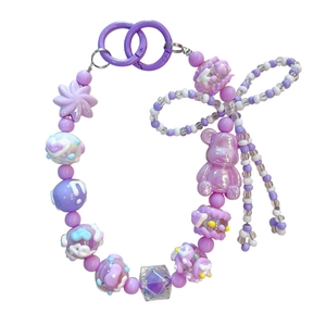 Cute purple beaded bear keychain with bow pendant decoration for bags and phones accessory