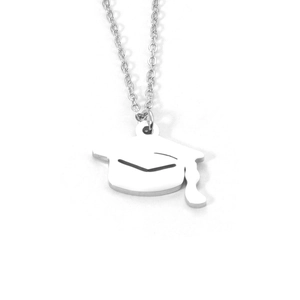 Polished silver graduation cap pendant necklace with tassel detail on a delicate chain