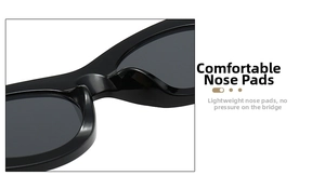 Close-up of integrated nose pad design on black fashionable UV-protective sunglasses