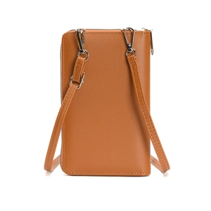 Brown PU leather crossbody phone bag for women with adjustable strap on white background