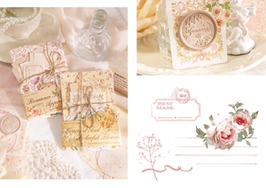 Macro detail of vintage floral stickers and paper ephemera with warm retro aesthetics
