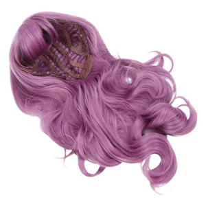 Detail view of purple wavy wig showing internal rose net structure and adjustable straps