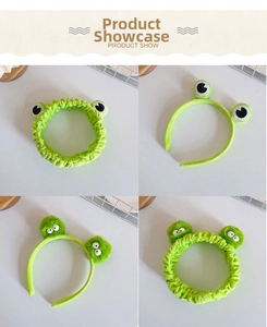 Detailed set of green plush frog headbands and elastic hairbands in four cute styles