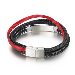 Multi-layer black braided leather bracelet for men with red cord and magnetic steel clasp