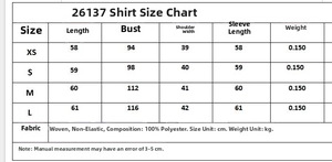 Size chart for poplin stand collar shirt with 100% polyester fabric details and measurements