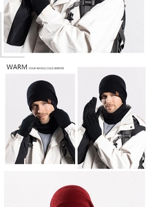 Detailed knit texture of a men winter set including a warm beanie, scarf and gloves