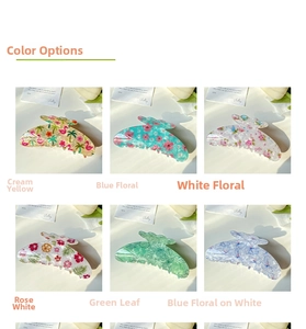 Detail of floral acetate hair claws with non-slip teeth in six elegant patterns