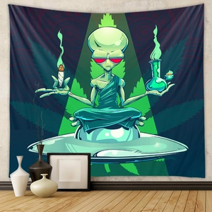 Psychedelic Alien Astronaut Mushroom Wall Tapestry Polyester Aesthetic Trippy Hippie Hanging Cloth For Bedroom Dorm Room Decor