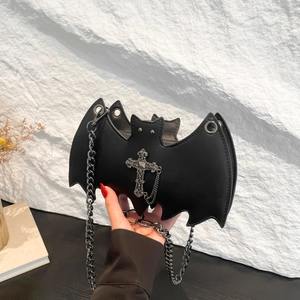 Gothic bat-shaped crossbody jelly bag in black PU leather with a cross pendant