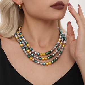 Multi-layer 8mm colorful faux pearl necklace with metallic finish on a model