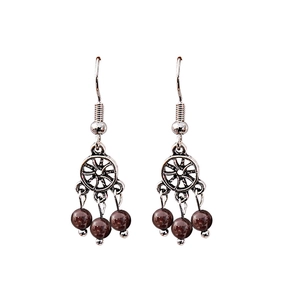 Bohemian hollow round earrings with silver finish and dark brown beaded tassels