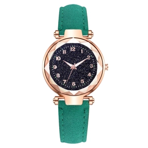 Women's starry sky watch with rose gold case, blue dial and dark green suede strap