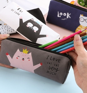 Canvas pencil case with cute pink cat print and colorful pencils showing high capacity