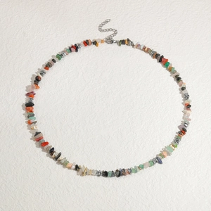 Unisex colorful gravel stone necklace with silver metal clasp on white background