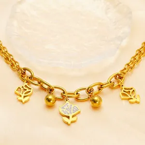 18k gold plated stainless steel thick chain bracelet with floral diamond pendants