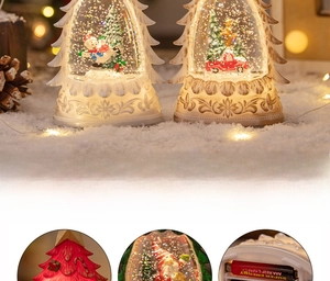 Detailed view of PVC Christmas tree snow globe showing battery base and hand-painted scene