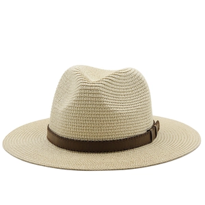 Classic straw Panama hat with brown faux leather band for summer beach protection