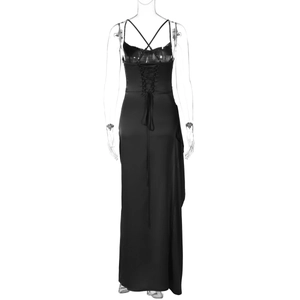 Detail of elegant black satin evening dress with open back and lace-up drawstring design