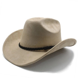 Detail of light tan faux suede cowboy hat with black braided rope trim and wide brim