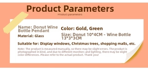 Detailed product dimensions for the glass donut and wine bottle Christmas ornaments