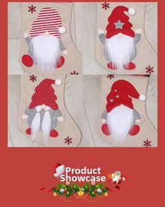 Close-up of four burlap Christmas gnome stockings with plush beards and snowflake embroidery