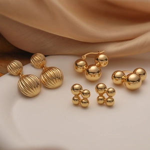 Geometric Cluster Ball Stud Earrings Gold Plated Copper Textured Mirror Finish Jewelry For Women