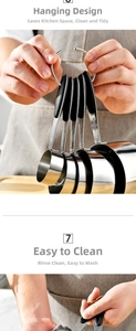 Macro detail of stainless steel measuring cups with black silicone handles and metal ring