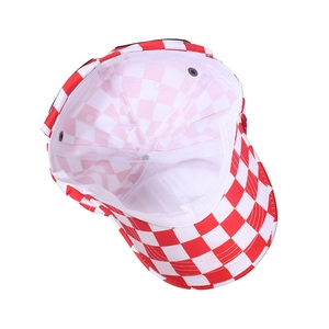 Internal view of checkerboard baseball cap showing white lining and ventilation eyelets