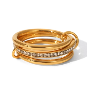 Gold multi-layer stacked stainless steel ring with white sparkling zircon stones
