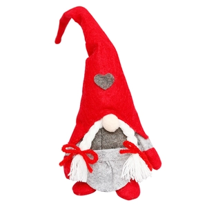 Red and grey Christmas gnome doll with tall heart hat and long white braids for home decor
