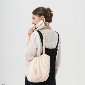 Handwoven beige cotton crochet shoulder tote bag with large capacity for beach holidays