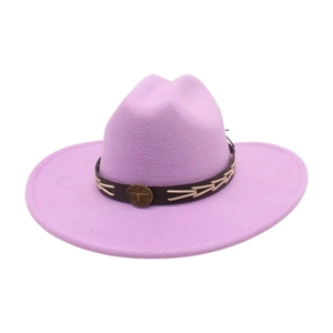 Detail of light purple felt western hat with brown leather band and bronze bull head buckle