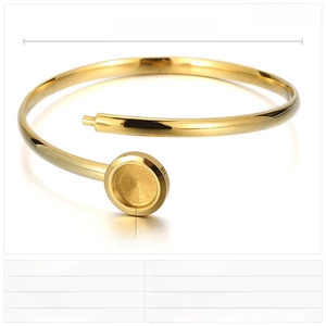 Detail specifications of golden stainless steel open cuff with 14mm round bezel tray