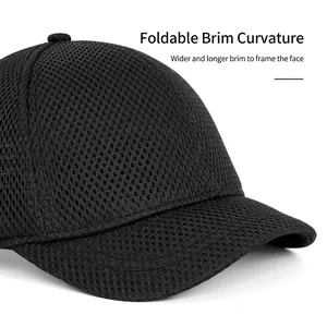 Breathable black mesh baseball cap with wide foldable brim for outdoor sports