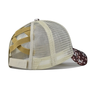 Detail of cross elastic bands and mesh design on a ponytail baseball cap for women