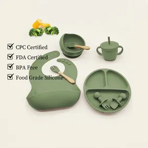 Olive green 8-piece silicone baby feeding set including bib, suction bowl and cup